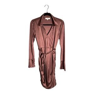 Louna Maroon Long Sleeve Belted Dress With Ruching & Collared Neckline Sz Small